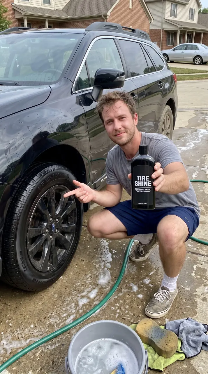 Man demonstrating a tire shine product