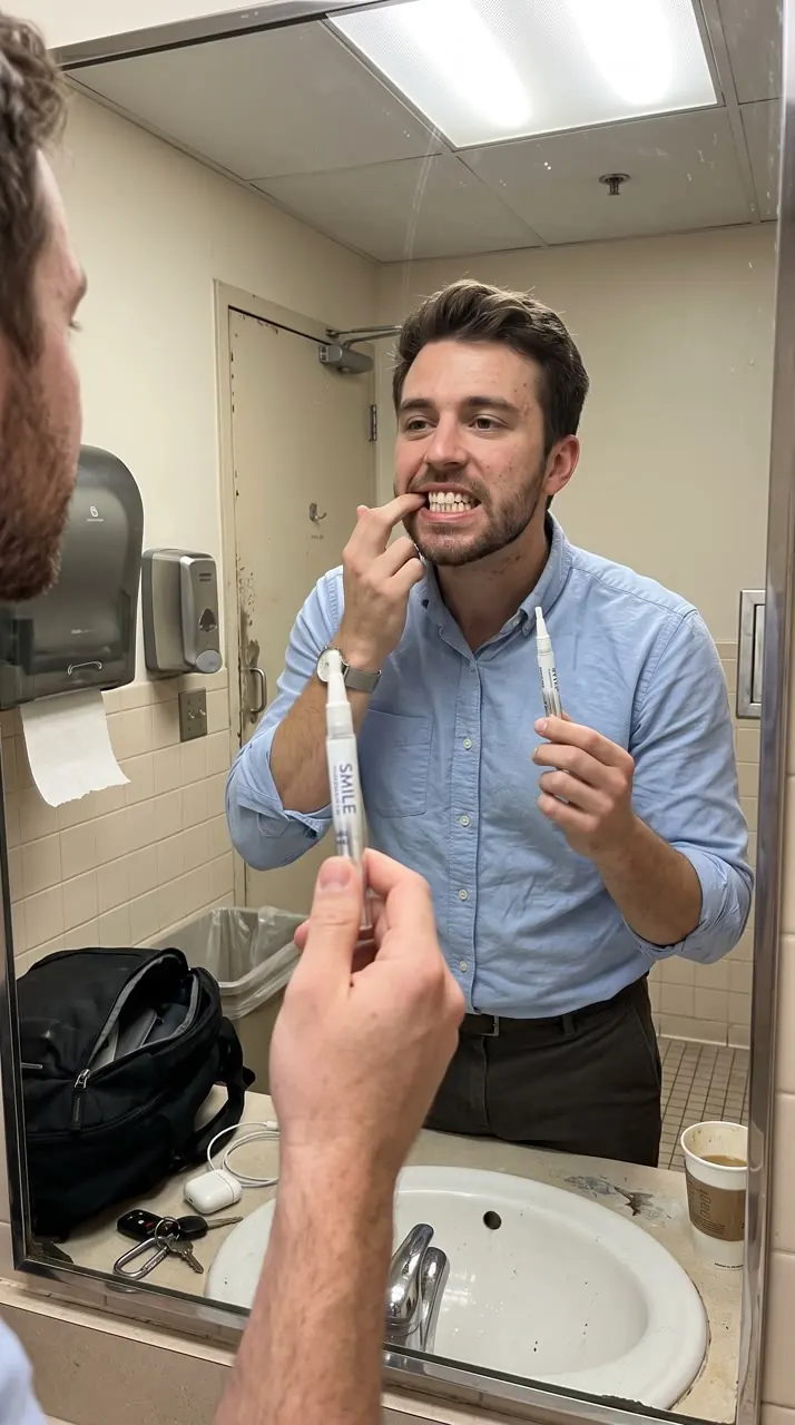 Man using a dental whitening pen in front of a bathroom mirror